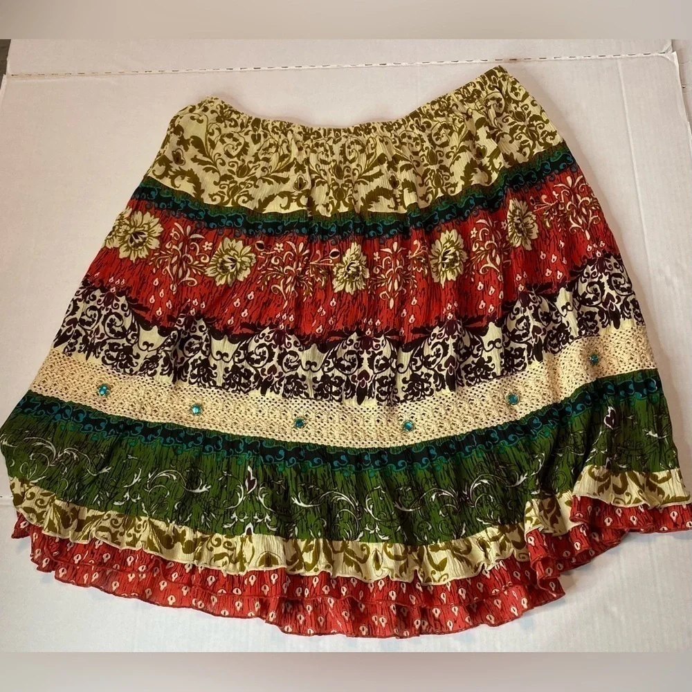 Bila Bohemian Rhinestones Embellished Broom Flared Mini Skirt Womens Size XL - Picture 7 of 7
